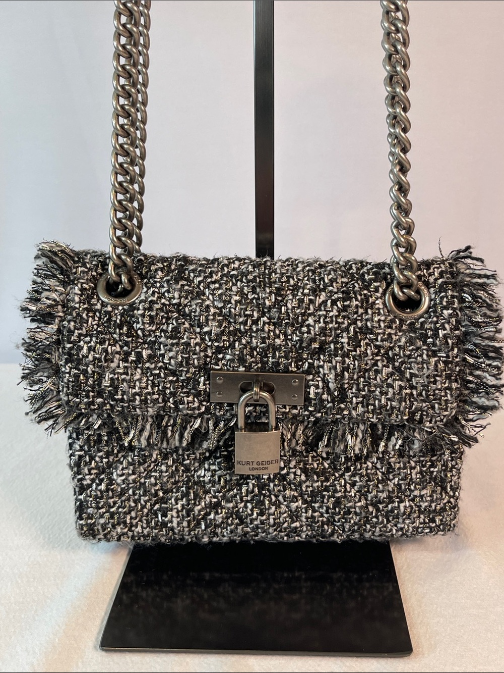 Kurt Geiger London Mini Brixton Tweed Chain Shoulder Bag Black White Fringe